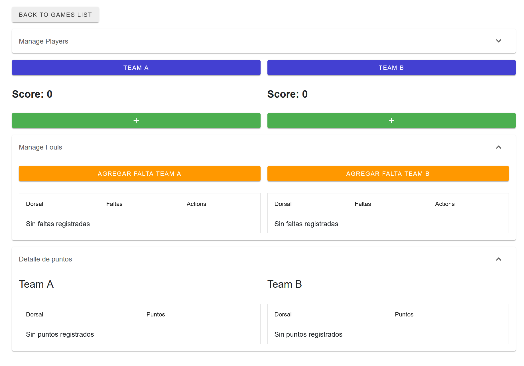 Basketball Scoreboard Admin interface